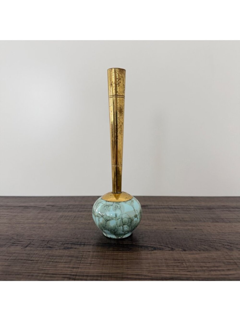 Vintage Delft Hand Painted MCM Brass Marbleized Ceramic Floral Bud Vase Art Deco - Picture 2 of 14